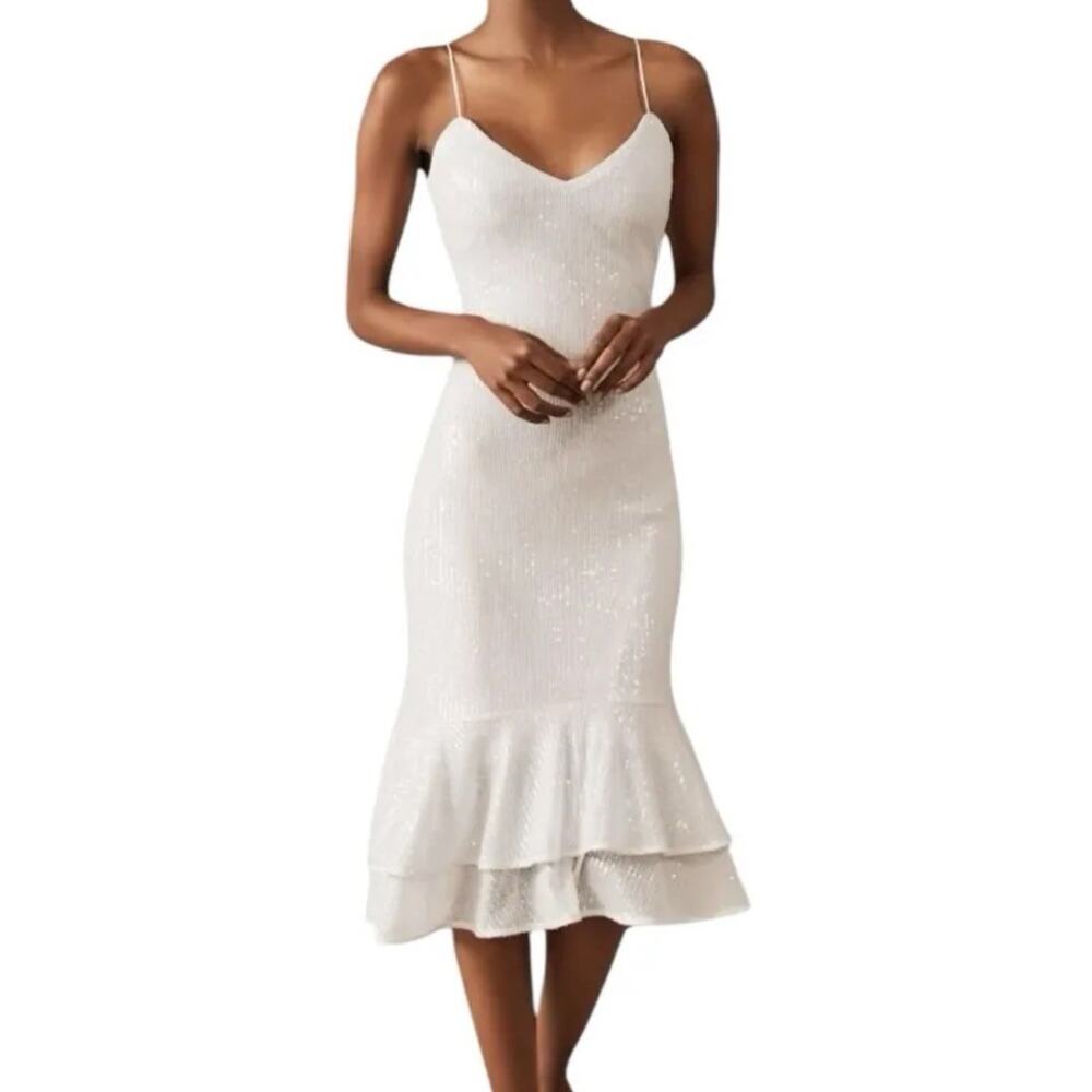 BHLDN Sachin & Babi Odelle Sequin Formal Midi Dress White V-neck Sz 12 NWT